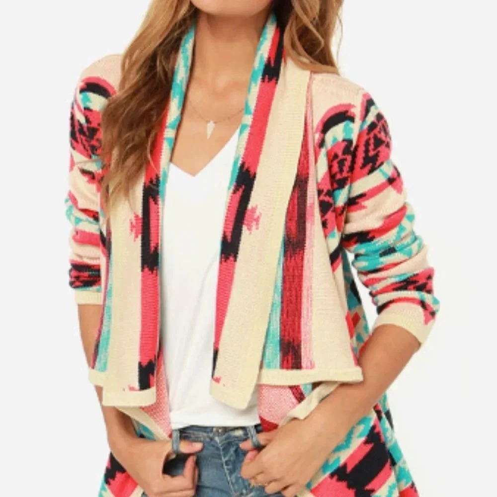 Aztec Print Open Front Waterfall Cardigan Sweater Women's M